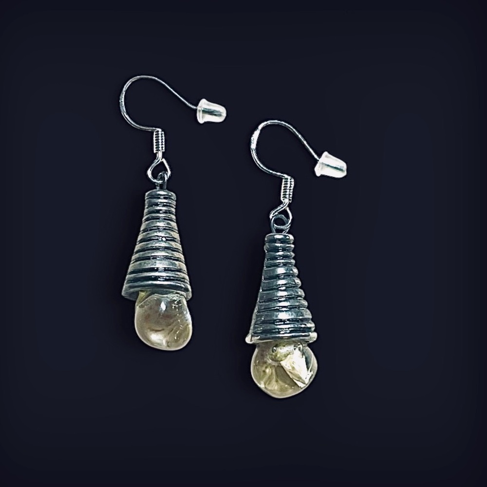 Antiqued Silver Spiral Crystal Quartz Tear Drop Earrings